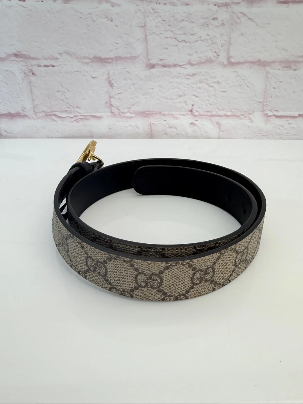 Authentic Gucci Marmont GG Double G Khaki Black Belt 625839 80/32